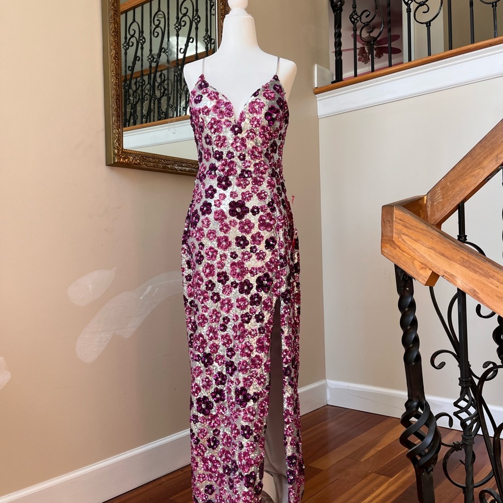 B. Smart, brand new heavy, dark pink, purple, sequins, size 9/10, prom dress